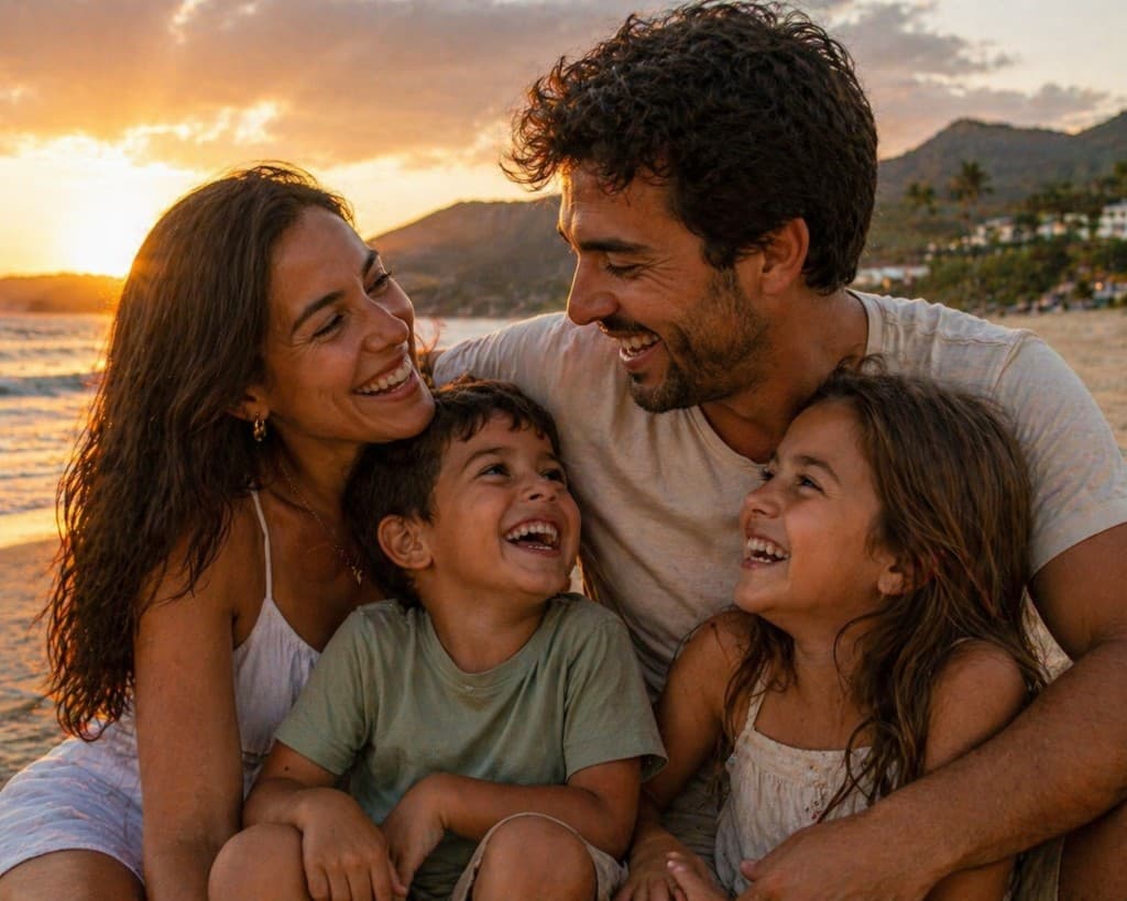 Exemplo: família feliz em um pôr do sol na praia