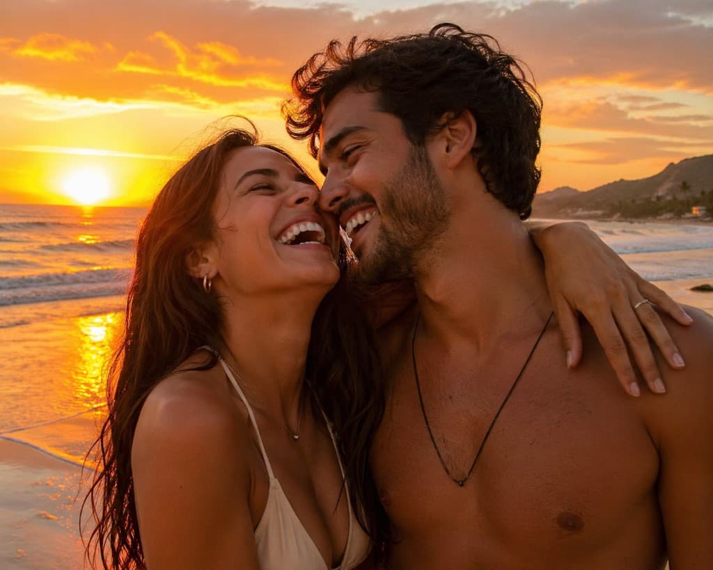 Exemplo: casal rindo juntos com pôr do sol no mar
