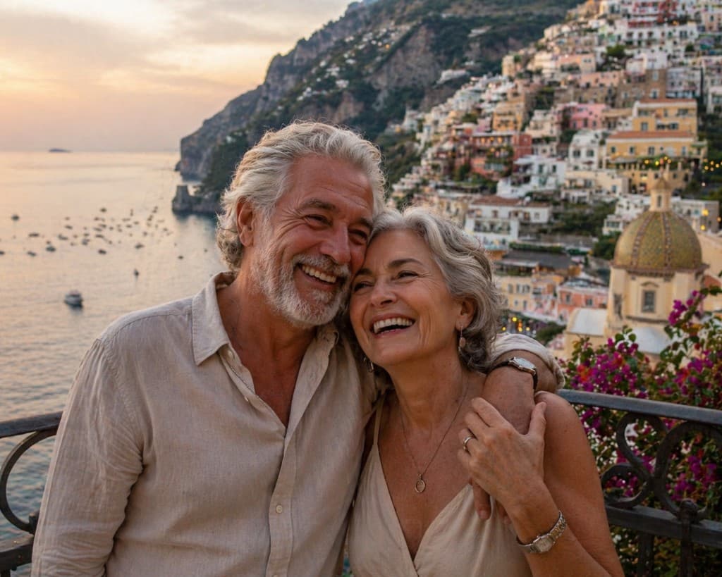 Exemplo: casal abraçado sorrindo em viagem